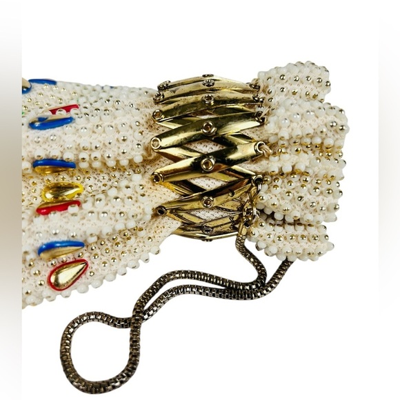 Vintage beaded & bejewelled evening bag, metal retractable closure, chain straps - Picture 10 of 13